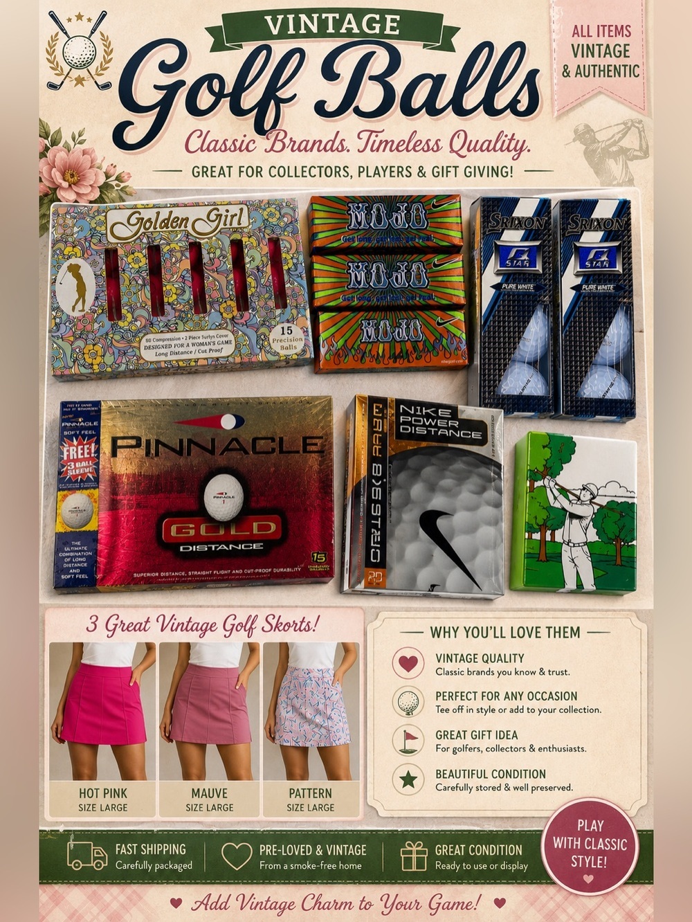 Vintage Golf Balls Assortment - Multi-Brand Pack 2 tone colors Skorts and Tops